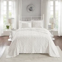 White Amber Cotton Chenille Bedspread Set