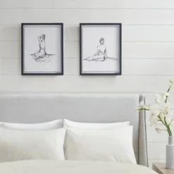 2pc Feminine Figures Deckle Framed Decorative Wall Art Black/White