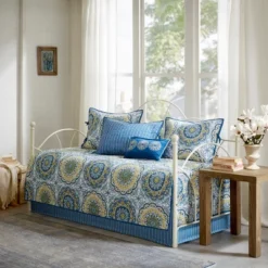 6Pcs Daybed Cover Set Quilted Reversible Medallion Print With Embroidery And Striped Reverses Polyester Cotton Blend