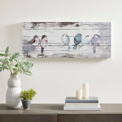 30" X 12" Perched Birds Hand Painted Wood Plank White/Gray 2 30" X 12" Perched Birds Hand Painted Wood Plank White/Gray - Image 2